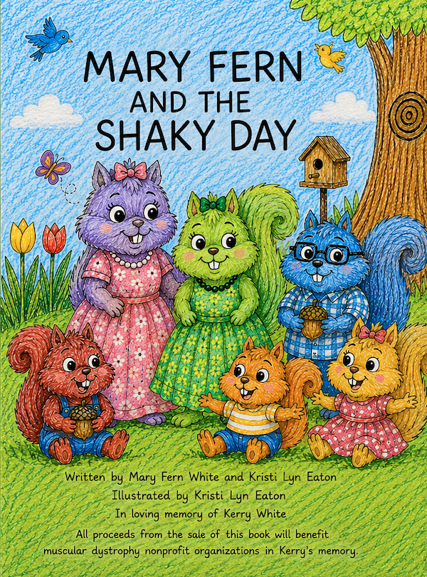 Illustrated cover: six brightly colored squirrels, each a different color of the rainbow, gathered beneath a tree on green grass.