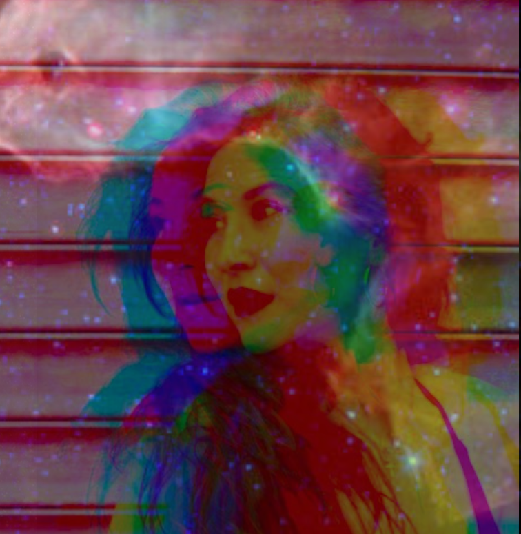 Kristi Lyn Eaton in double exposure with a NASA galaxy photo, two translucent versions of her merging into swirls of pink and teal starlight
